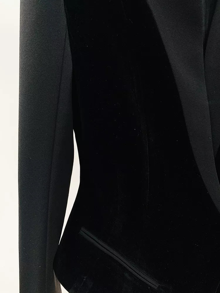 Black velvet-paneled blazer with stand-up collar, shaped side panel and welt pocket