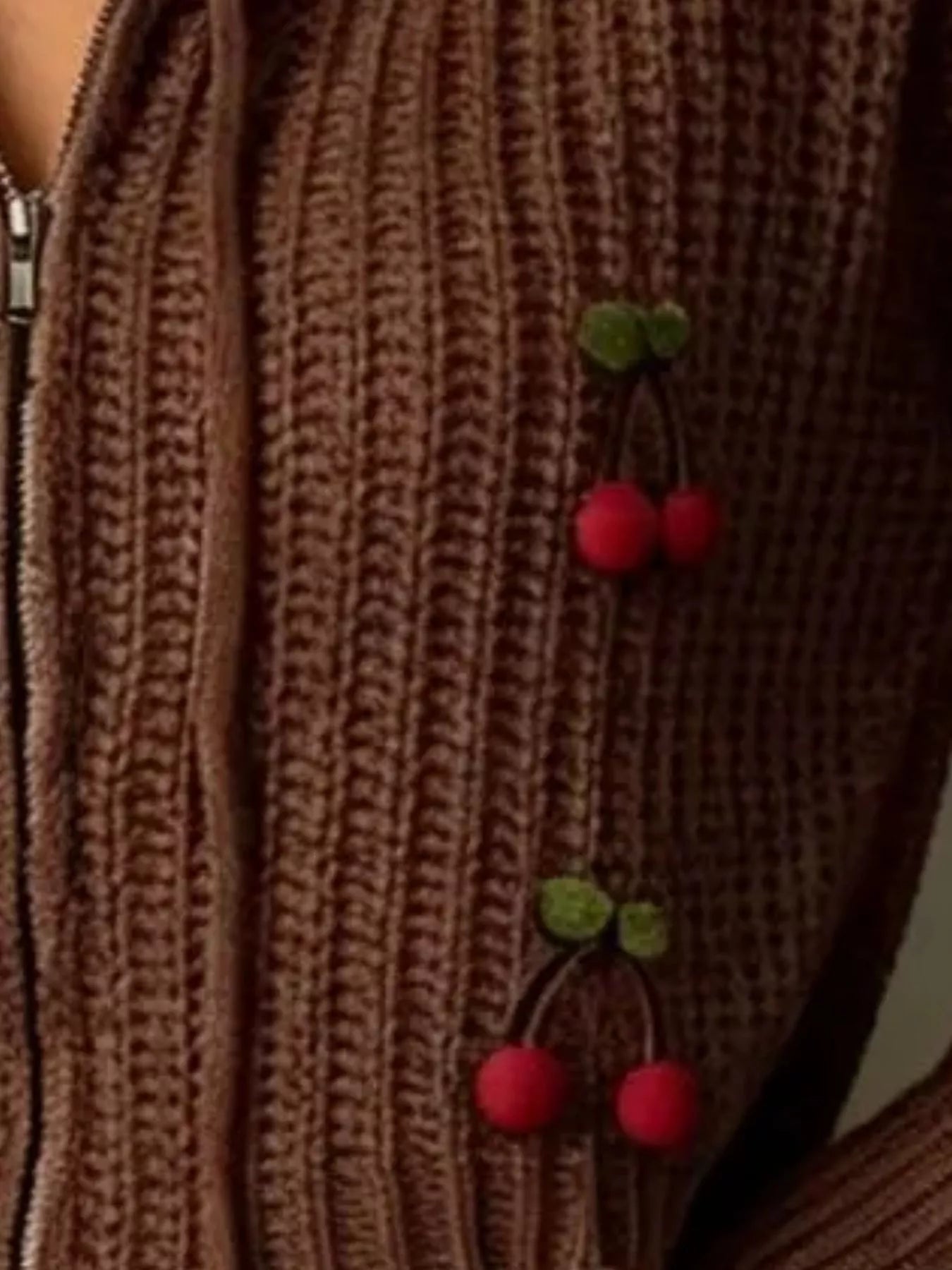 Trendsi Cherry Knit Zip-Up Hooded Sweater -