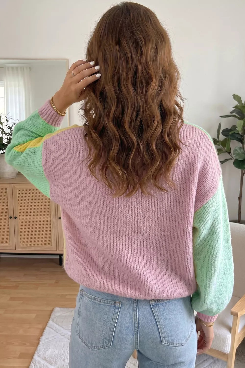 Trendsi V Neck Drop Shoulder Patchwork Regular Wash Knitwear Cardigan -