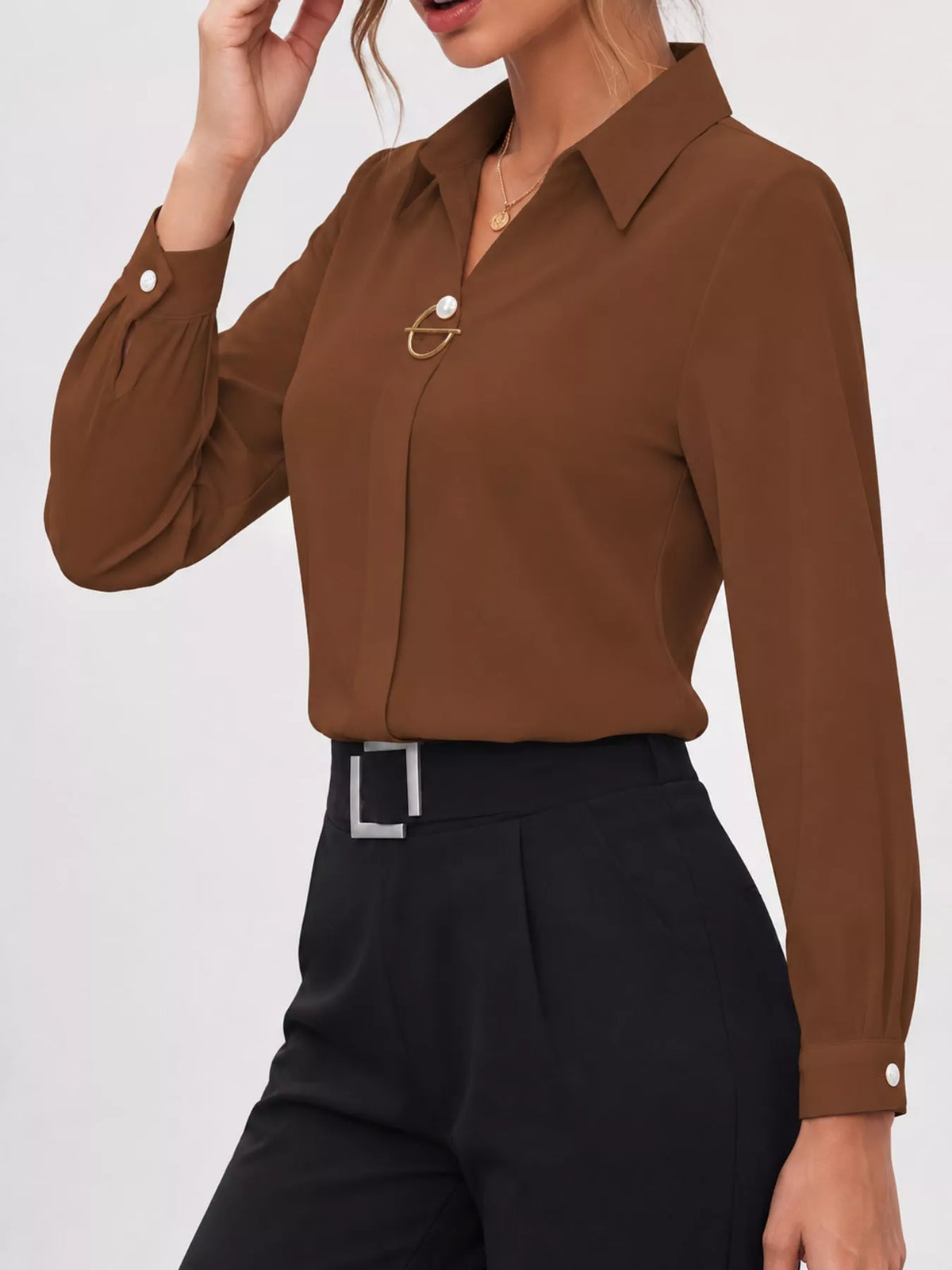 Women's Collared Clasp Detail Long Sleeve Satin Blouse in brown — side view