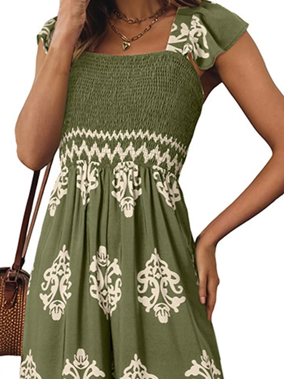 Wide-leg ornamental-print short-sleeve jumpsuit, garment detail