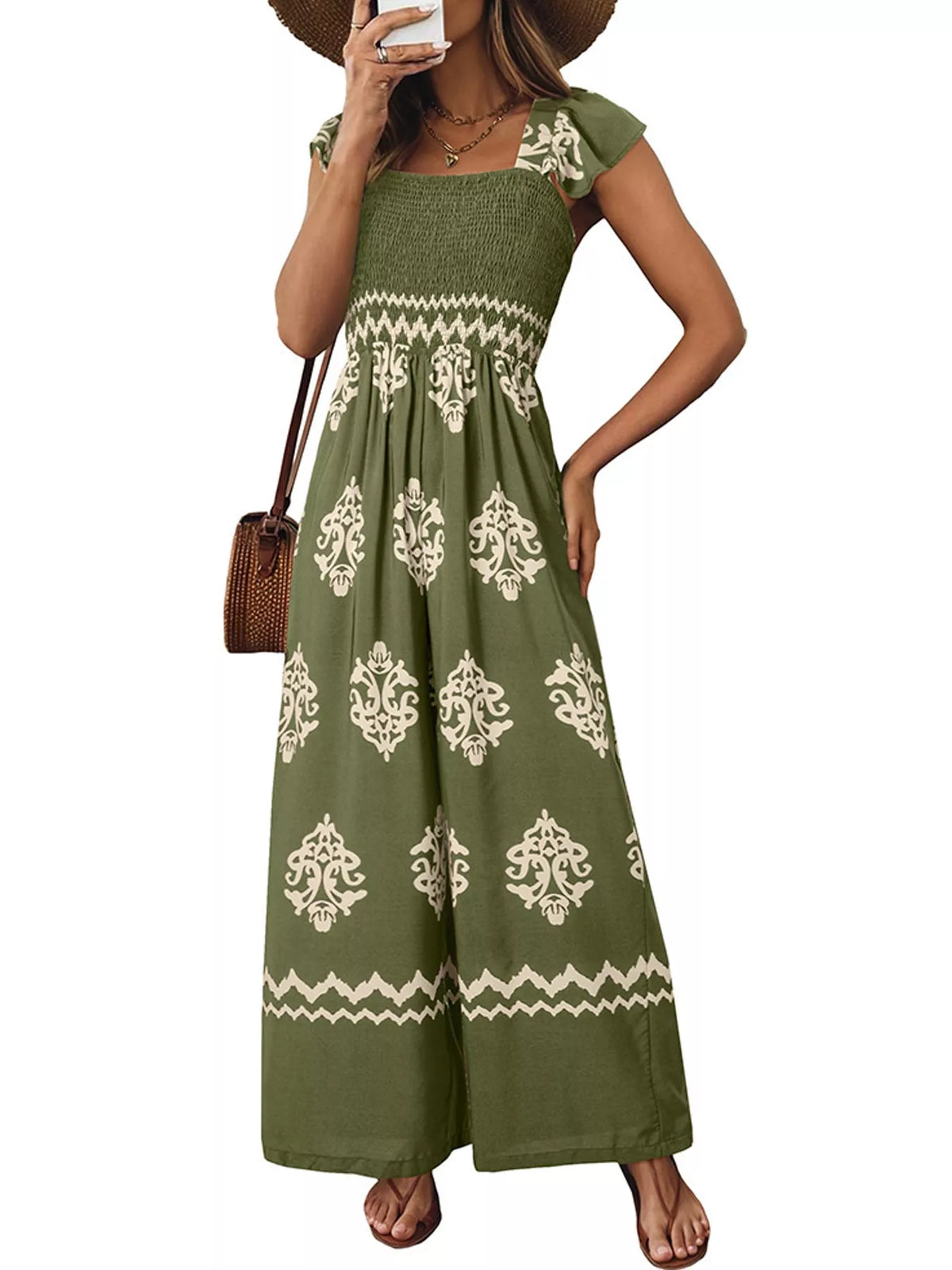 Emerald green wide-leg ornamental-print short-sleeve jumpsuit