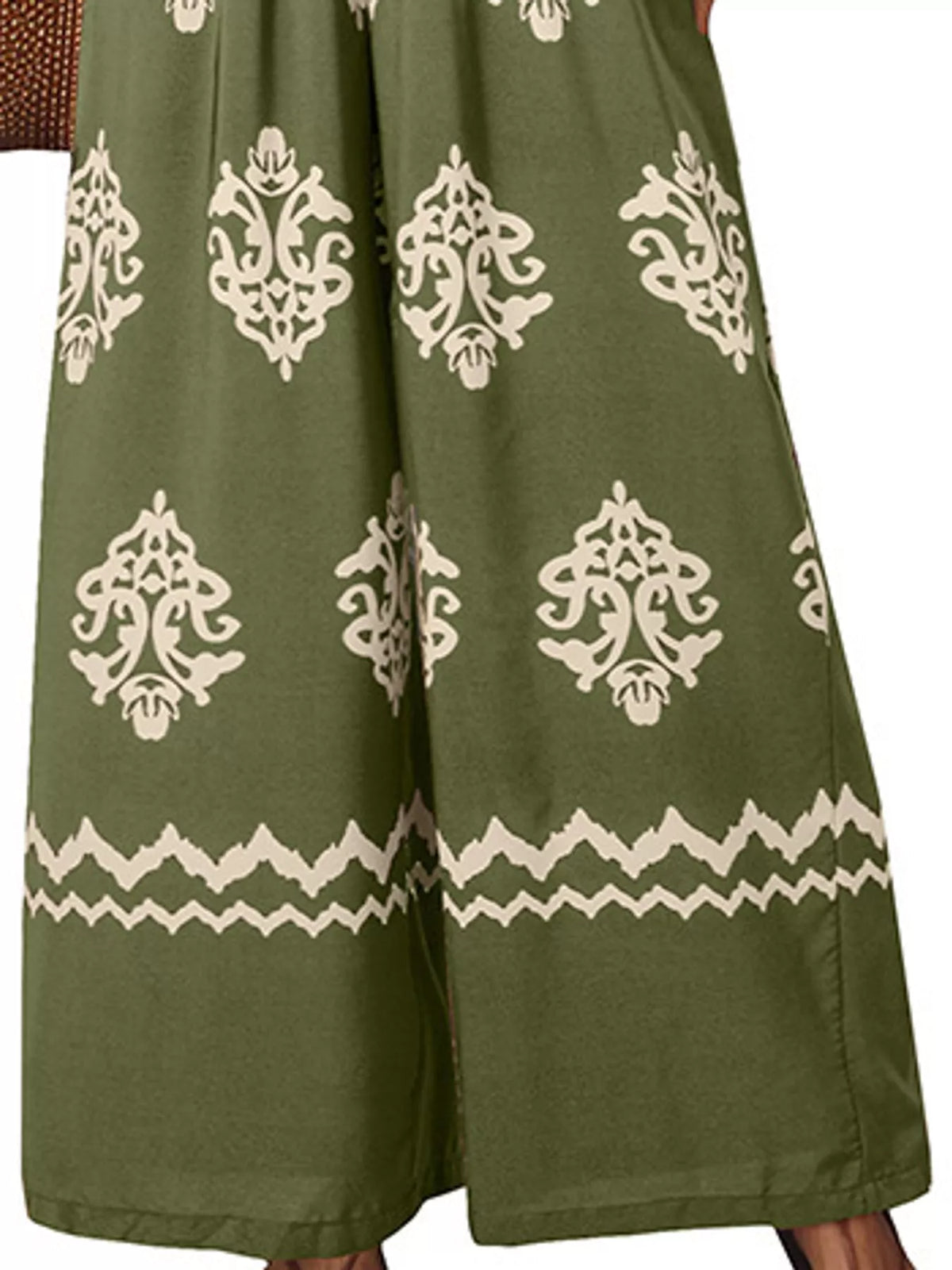 Wide-leg ornamental-print short-sleeve jumpsuit, garment detail