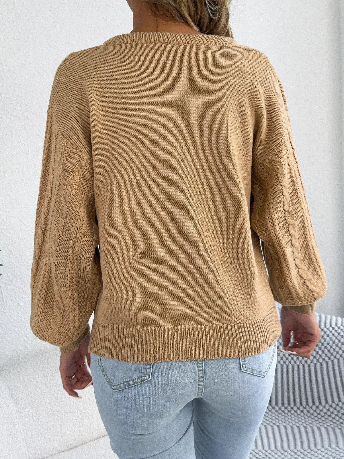 Khaki cable knit notched sweater, back view
