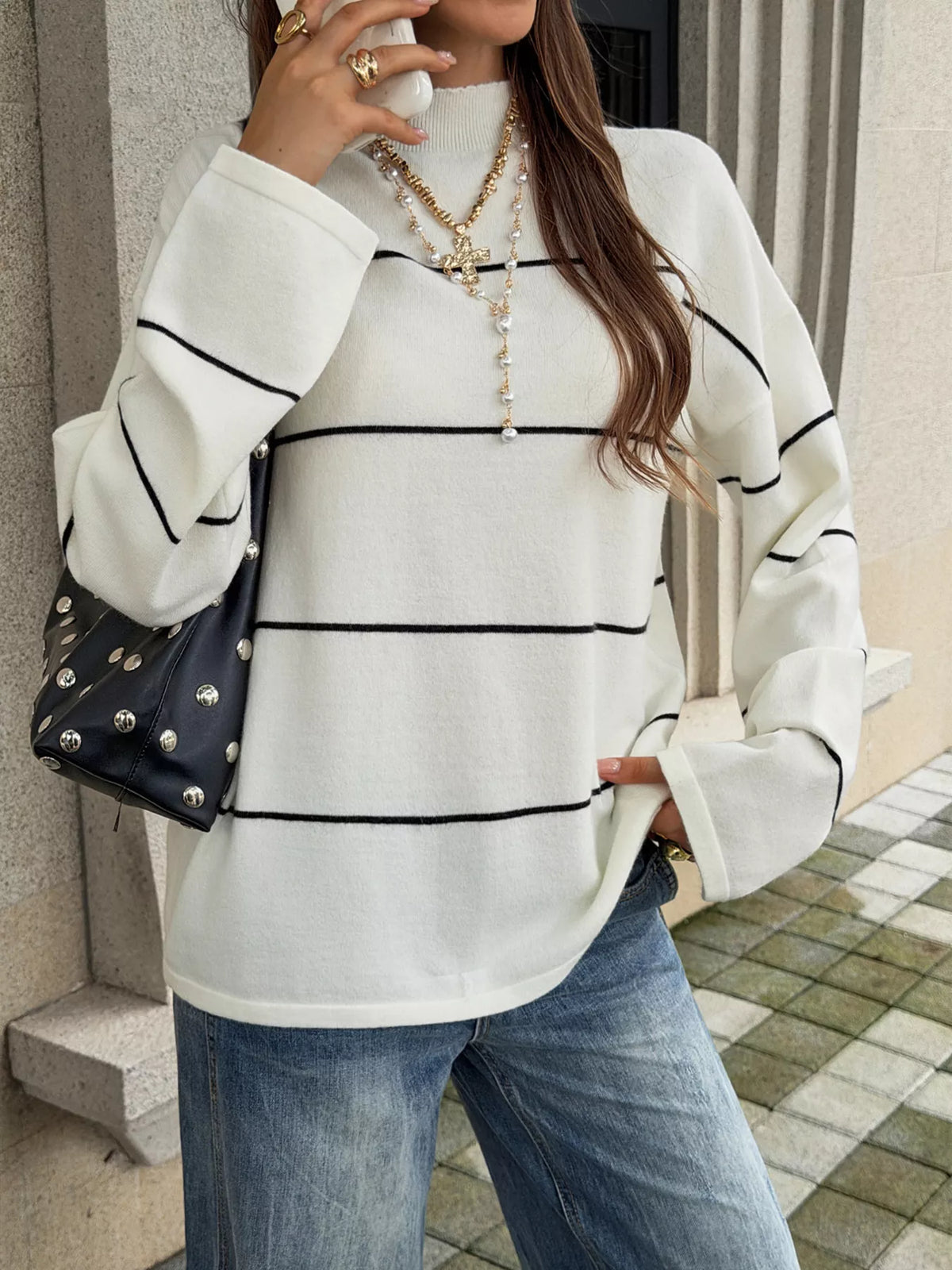 Striped mock neck sweater