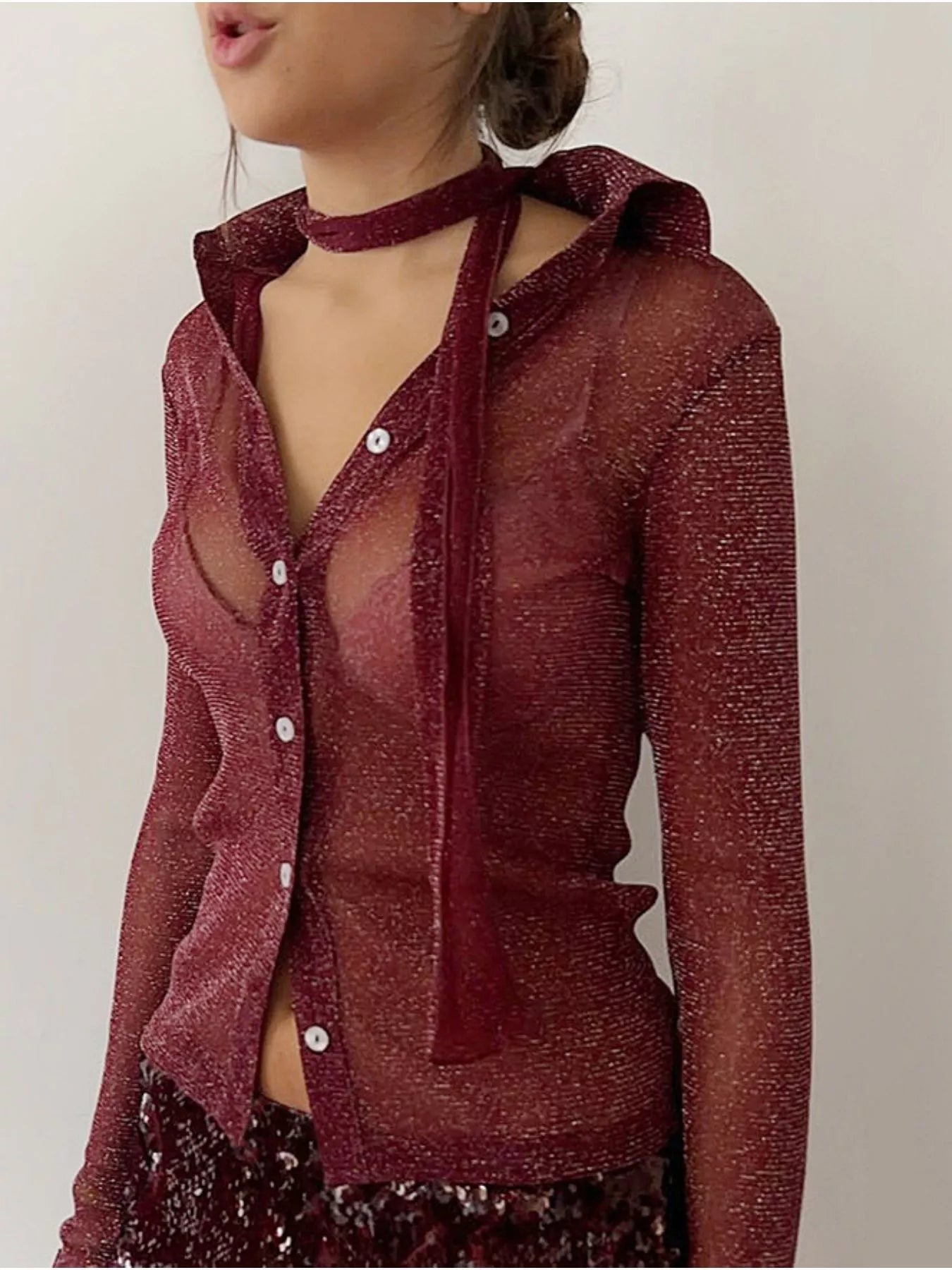 Trendsi Button Down Long Sleeve Shirt with Scarf -