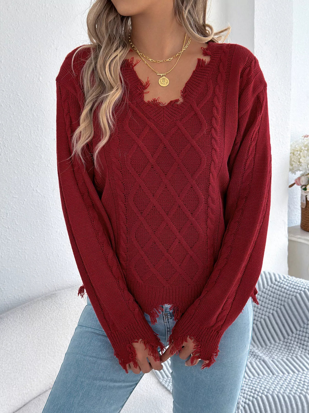 V-Neck Distressed Hem Cable Knit Sweater in burgundy, front view