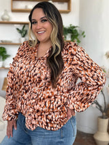 Trendsi Double Take Full Size Printed Ruffle Trim Balloon Sleeve Shirt -