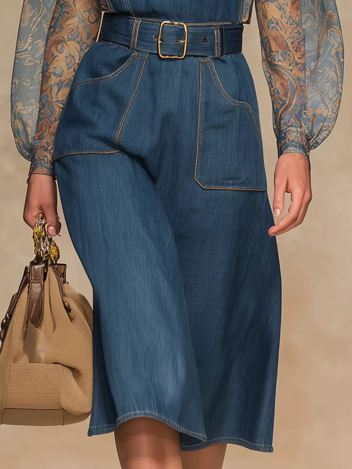 Trendsi Sheer Floral Sleeves Denim Dress -