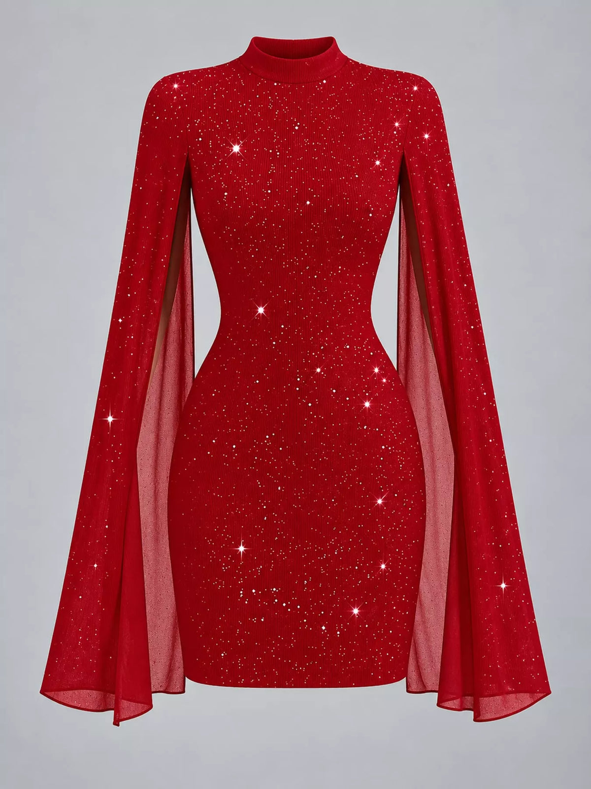 Red glitter mock neck cape-sleeve mini dress — front view