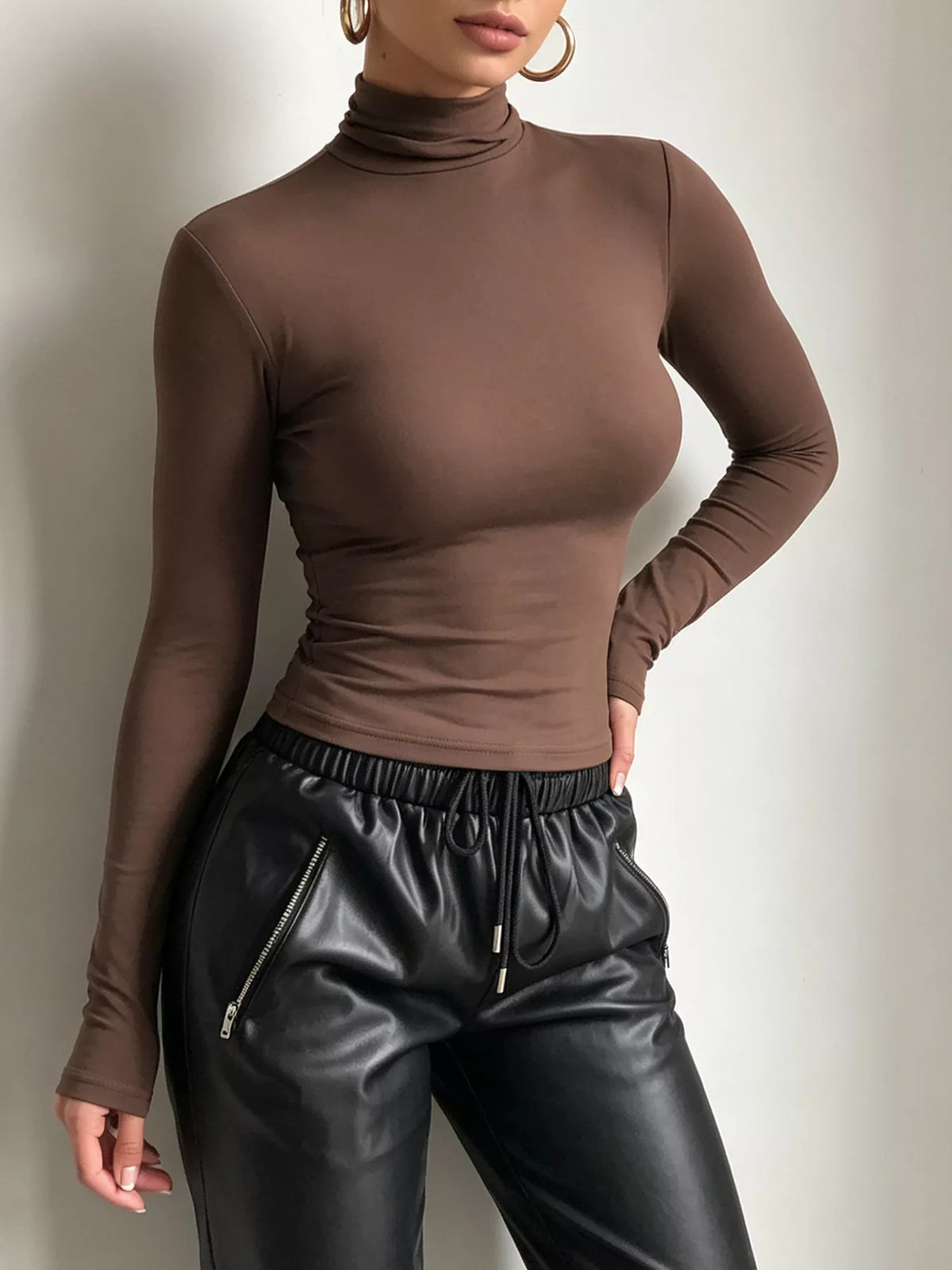 Mock Neck Long Sleeve Slim Fit T-Shirt in brown, front view