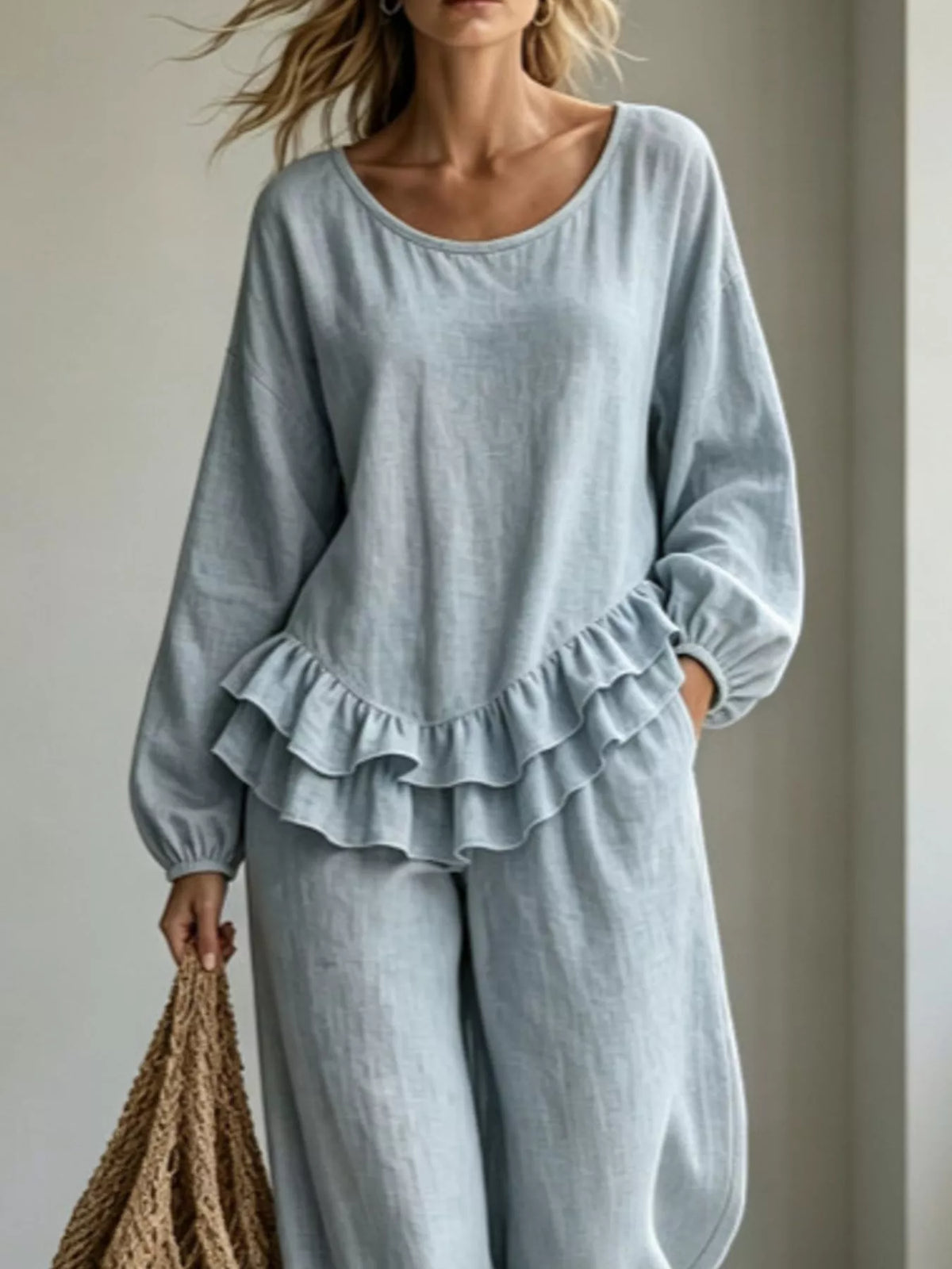 Ruffled Hem Long Sleeve Top and Pants Set — front view