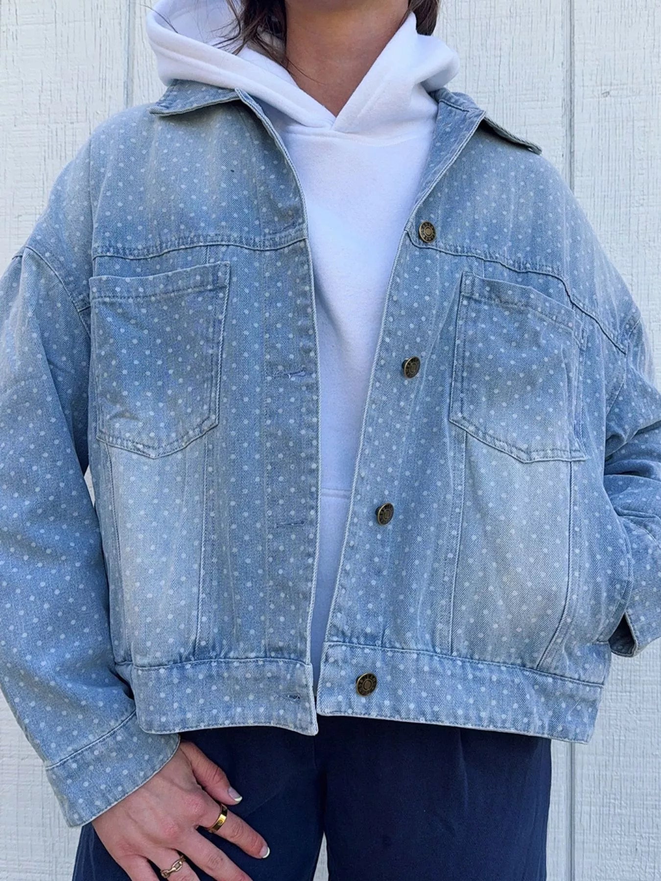 Trendsi Polka Dot Long Sleeve Collar Pocket Casual Shift Silhouette Denim Jacket -