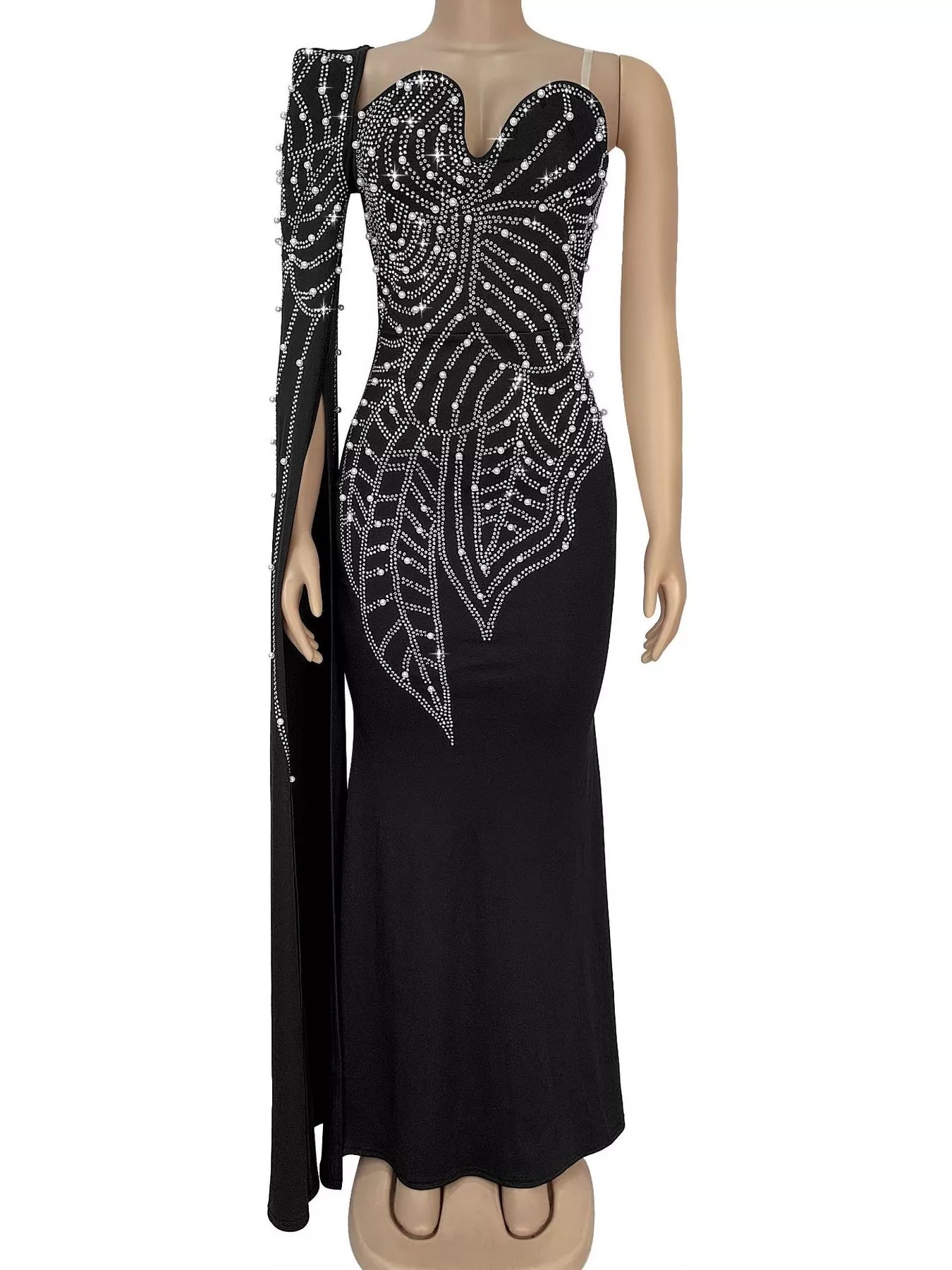Trendsi Rhinestone Pearl Detail One-Shoulder Mermaid Maxi Dress -
