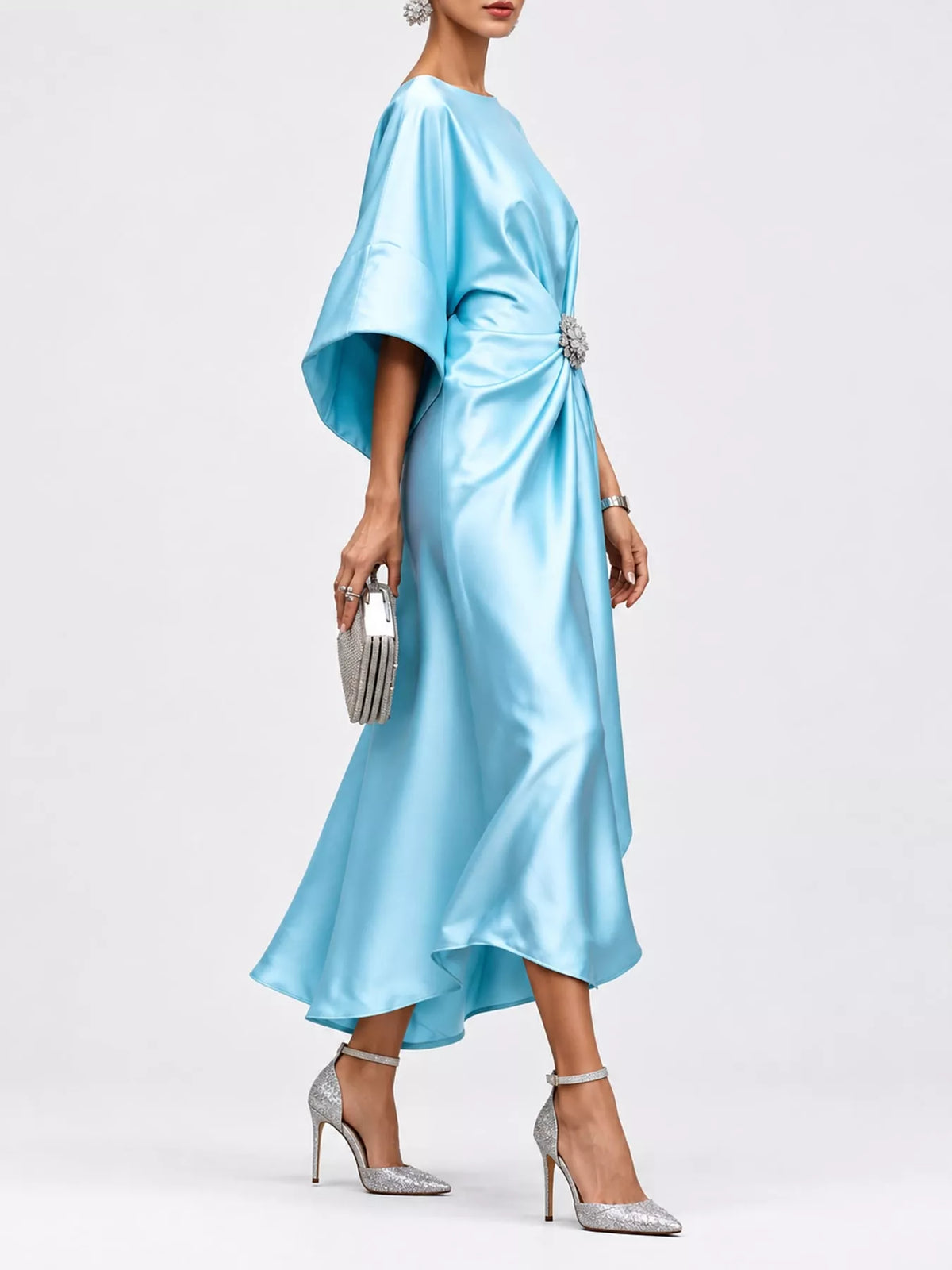 Sky Blue satin draped brooch evening dress