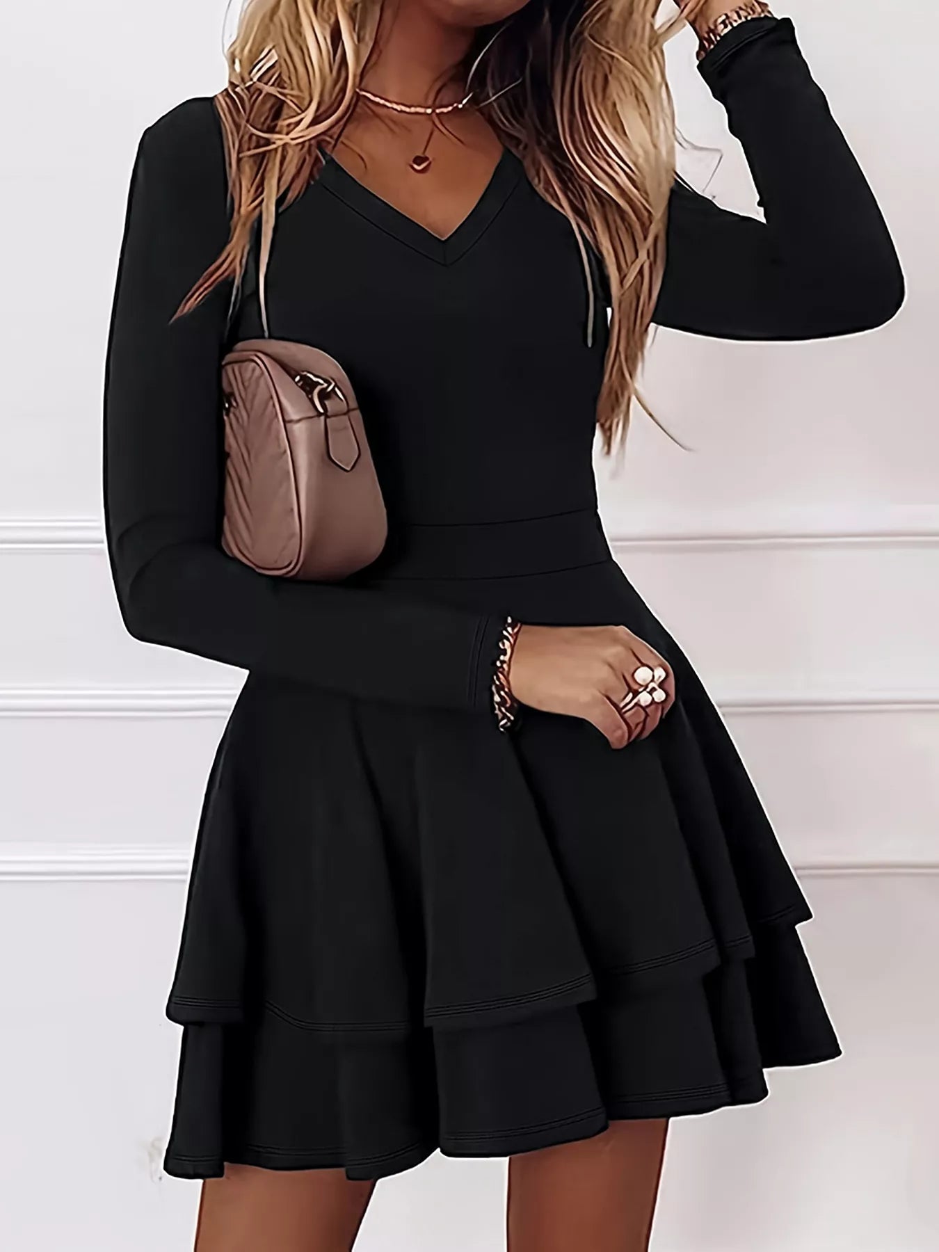 Trendsi V-Neck Long Sleeve Layered Ruffle Mini Dress -
