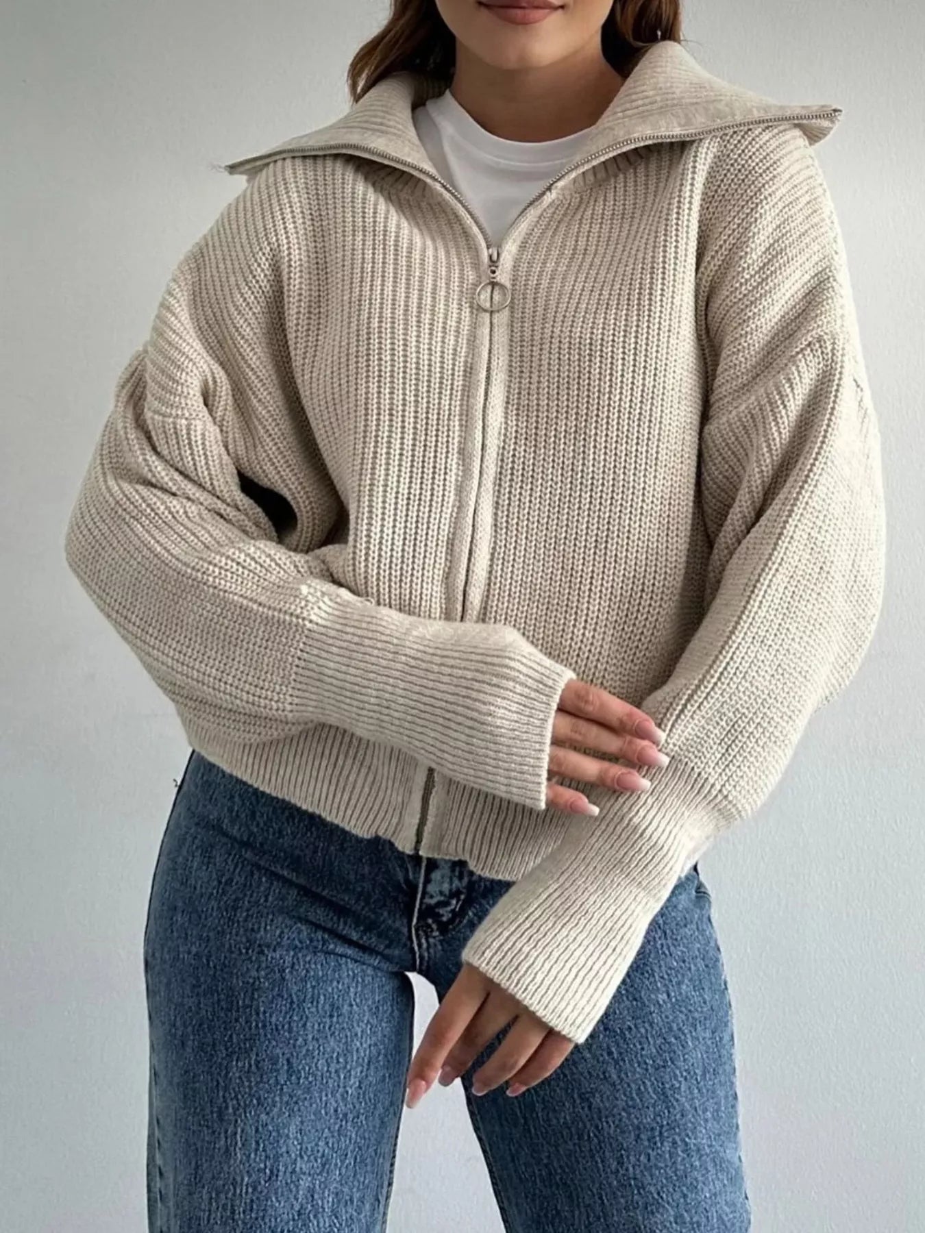 Trendsi Zip Up Dropped Shoulder Cardigan -