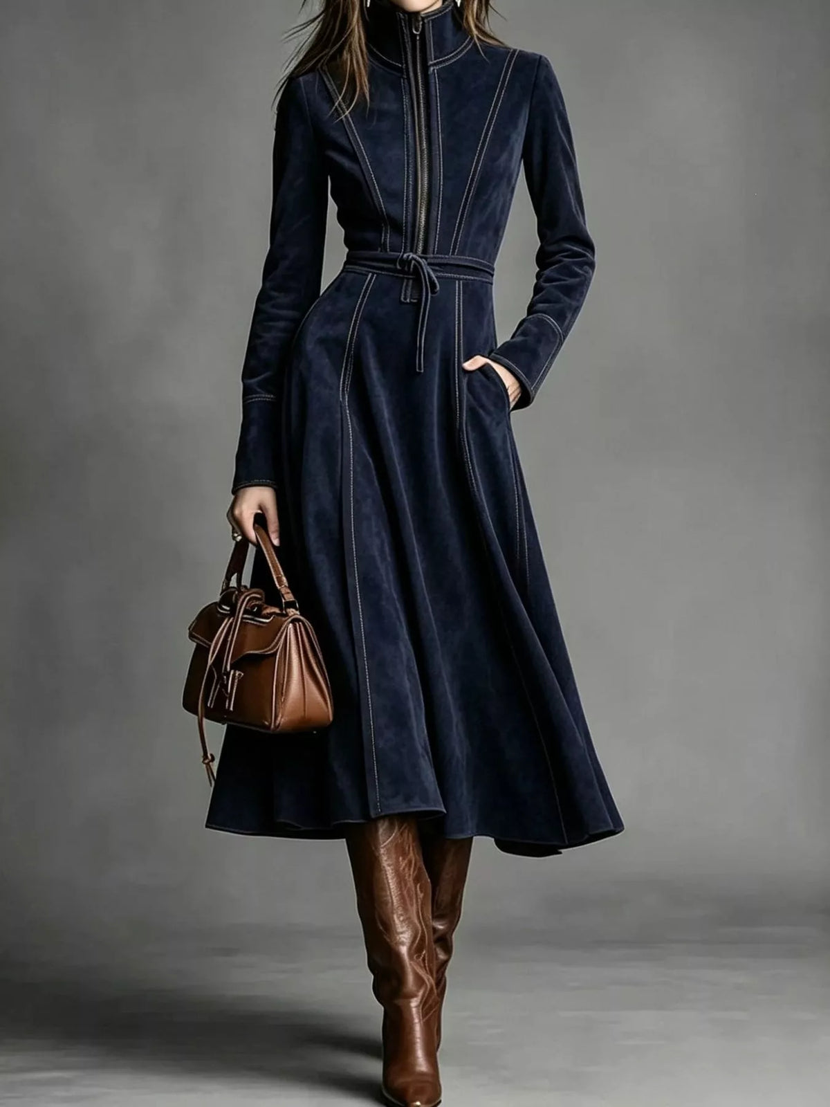 Navy zipper front midi dress, front view