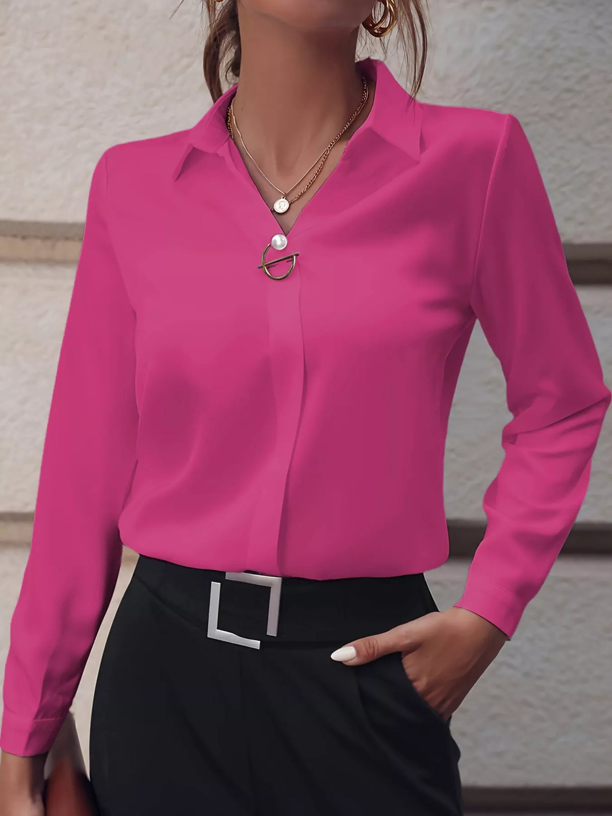 Women's Collared Clasp Detail Long Sleeve Satin Blouse in pink — front view