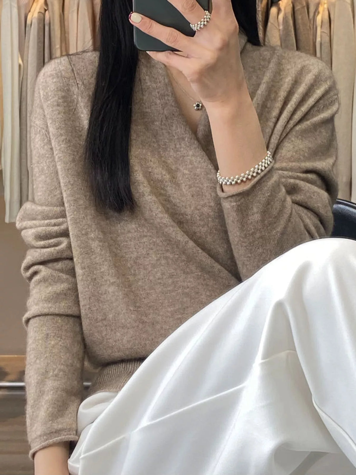 Taupe wrap-front sweater