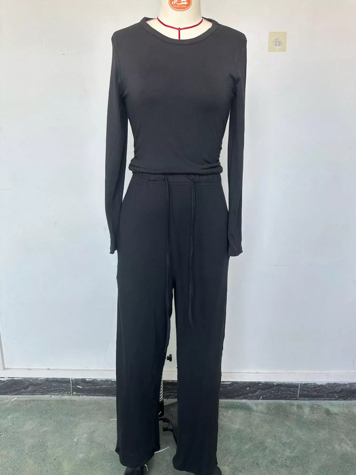 Long Sleeve Ruched Top and Wide-Leg Drawstring Pants Set — garment front