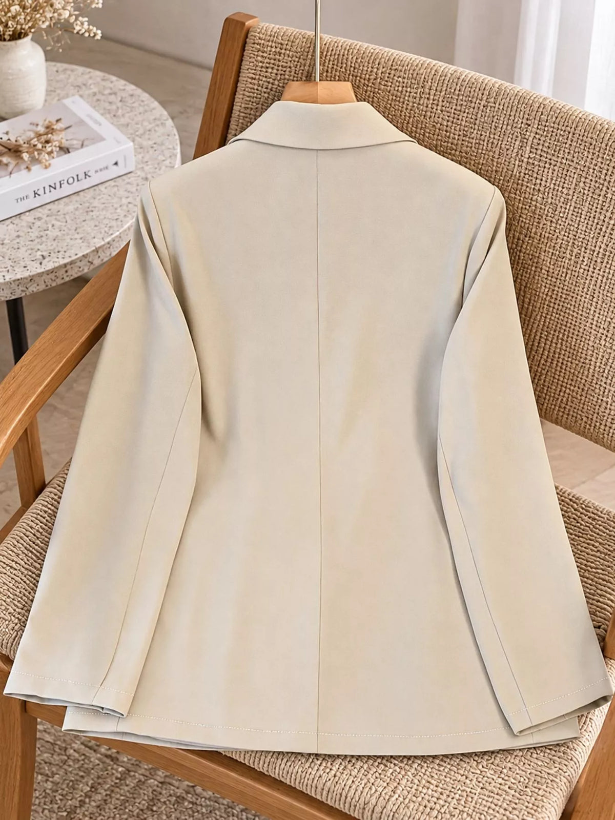 Women's Chinese-Style Knot Lapel Collar Blazer in beige — back view