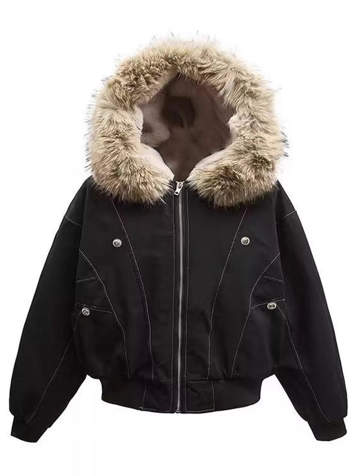 Faux Fur Lined Hooded Zip Up Jacket in black with beige trim