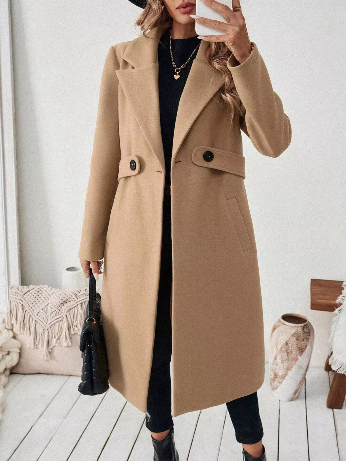 Tan lapel-collar longline coat, open front, mirror view