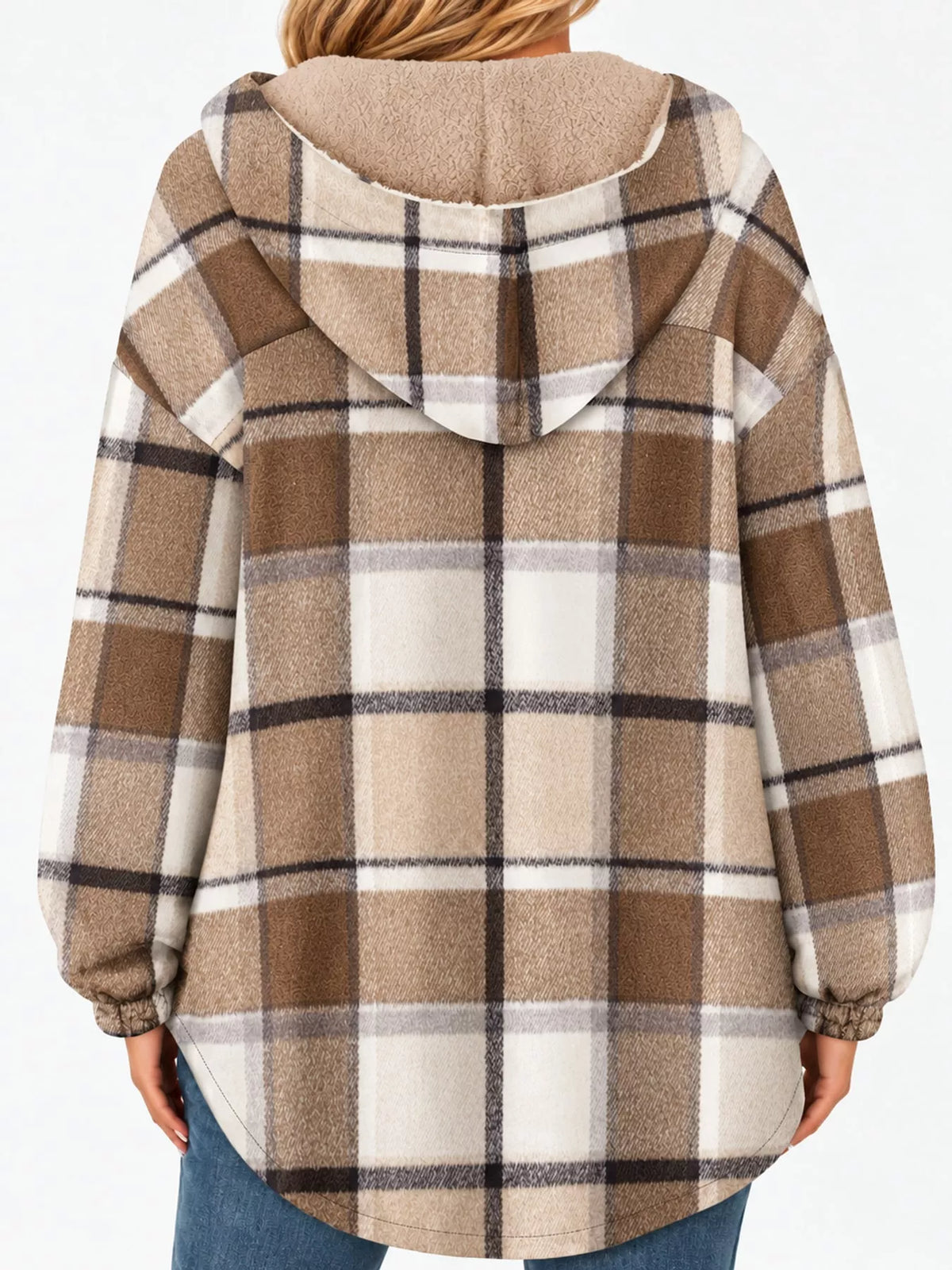 Khaki plaid hooded button up jacket, back view