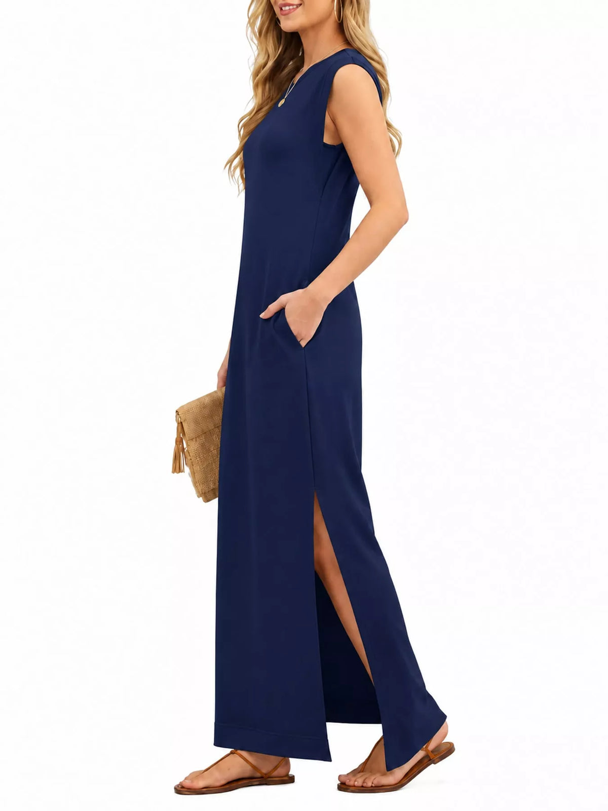 Round neck sleeveless maxi dress, side view