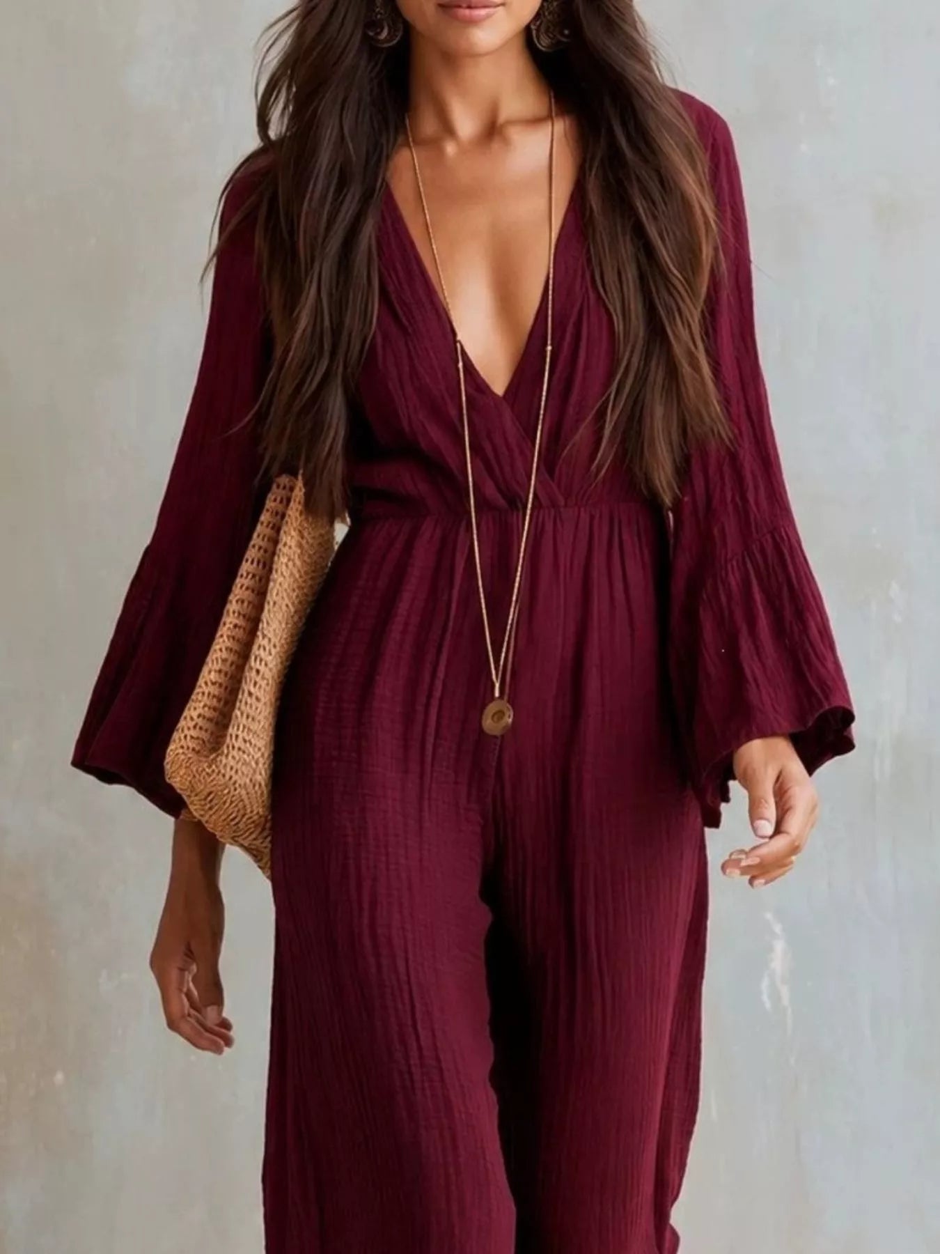 Trendsi Textured Flare Sleeve Jumpsuit -