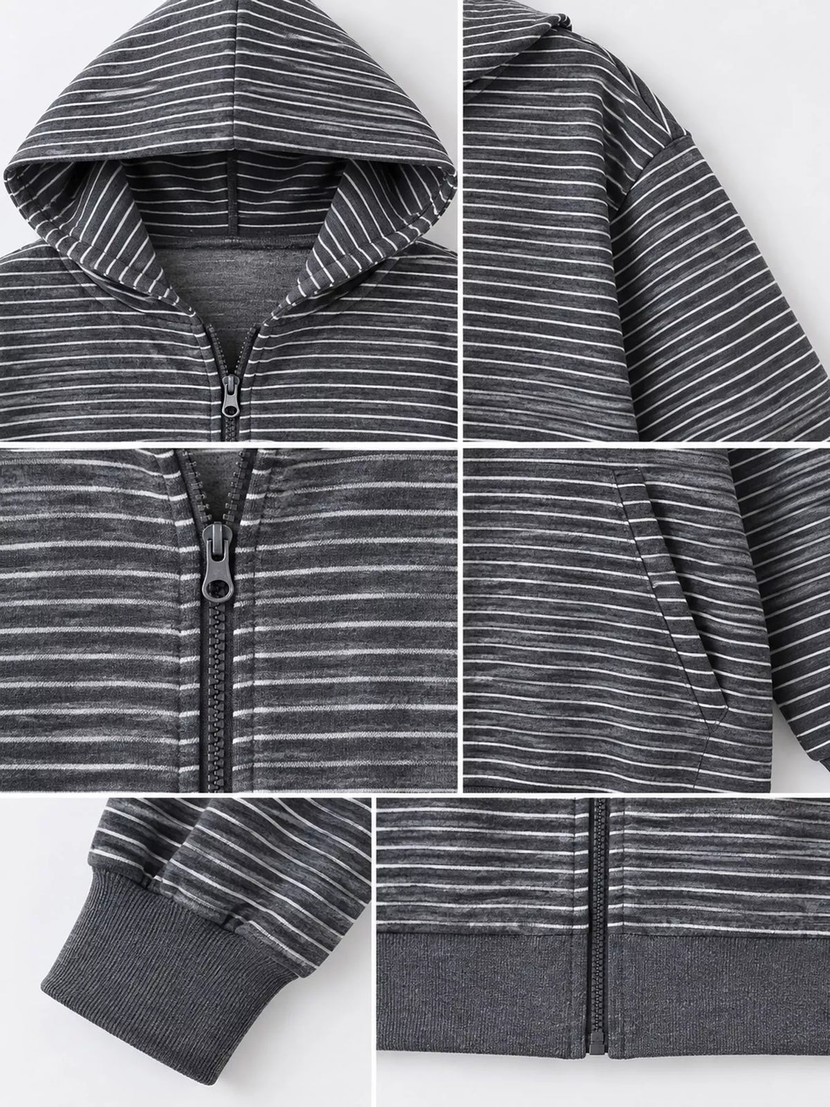 Charcoal and white striped zip-up hoodie, hood, zipper, ribbed cuff, and hem
