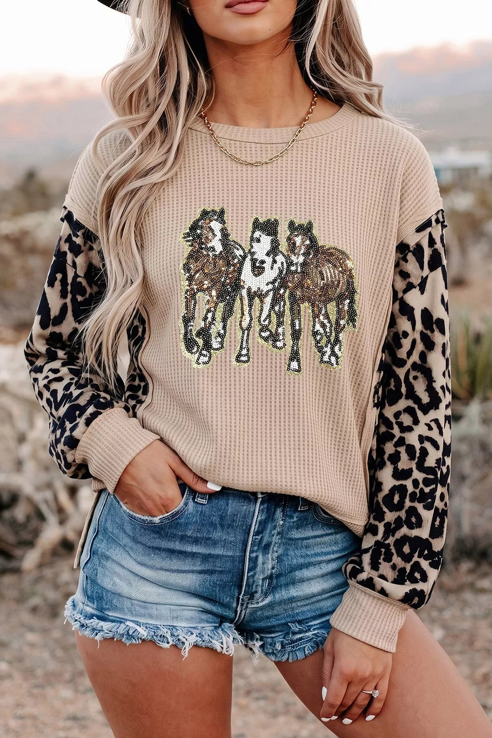 Trendsi Sequined Western Horse Graphic Leopard Sleeve Patchwork Waffle Knit Top -