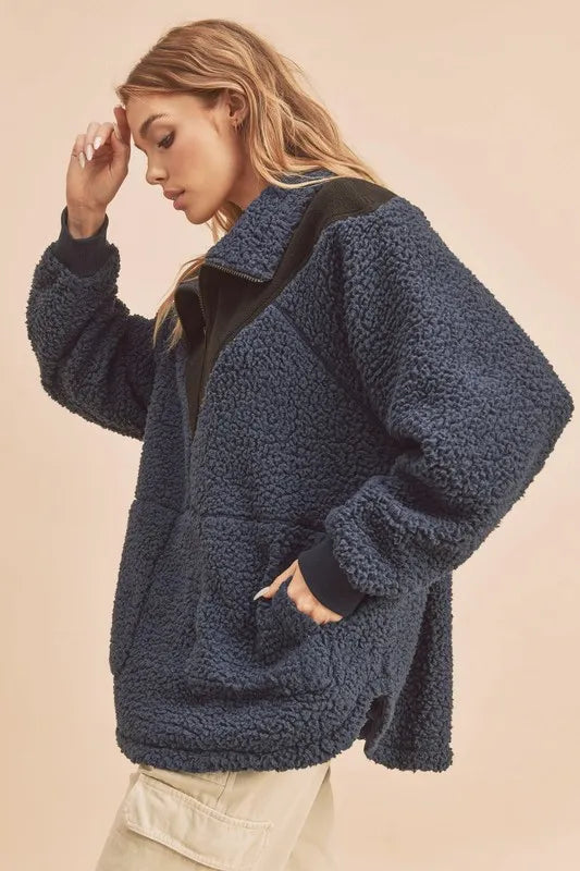 Two-tone half-zip fleece short-sleeve sweatshirt