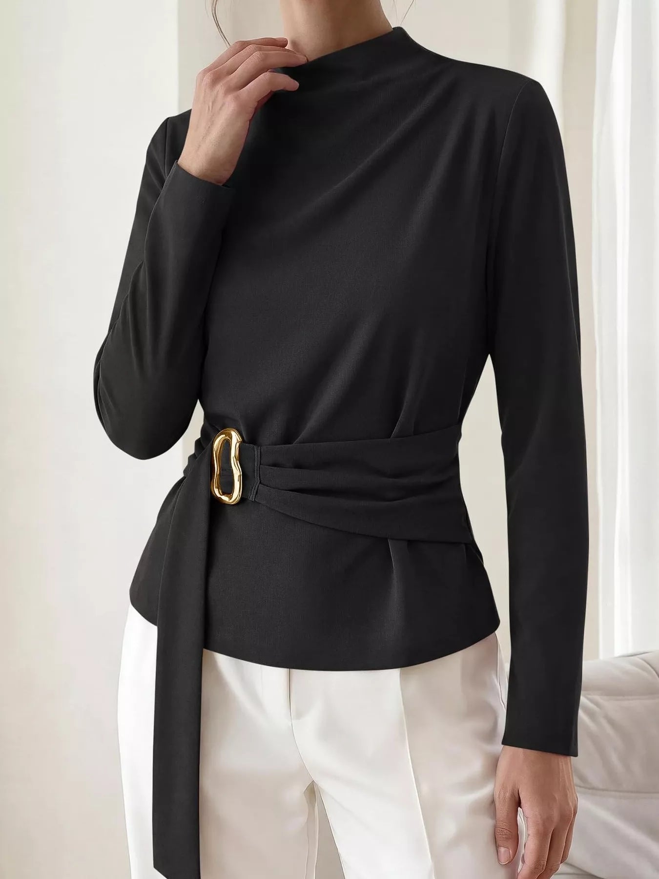 Trendsi Mock Neck Blouse with Waist-Defining Metal Buckle Detail -
