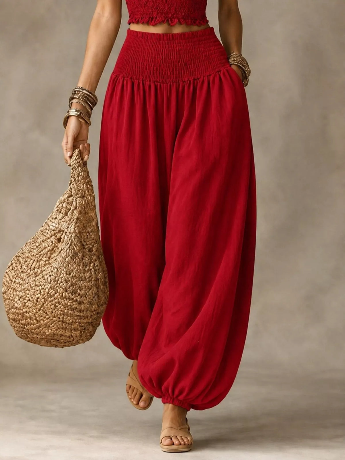 Women's Smocked Harem Pants in red — front view