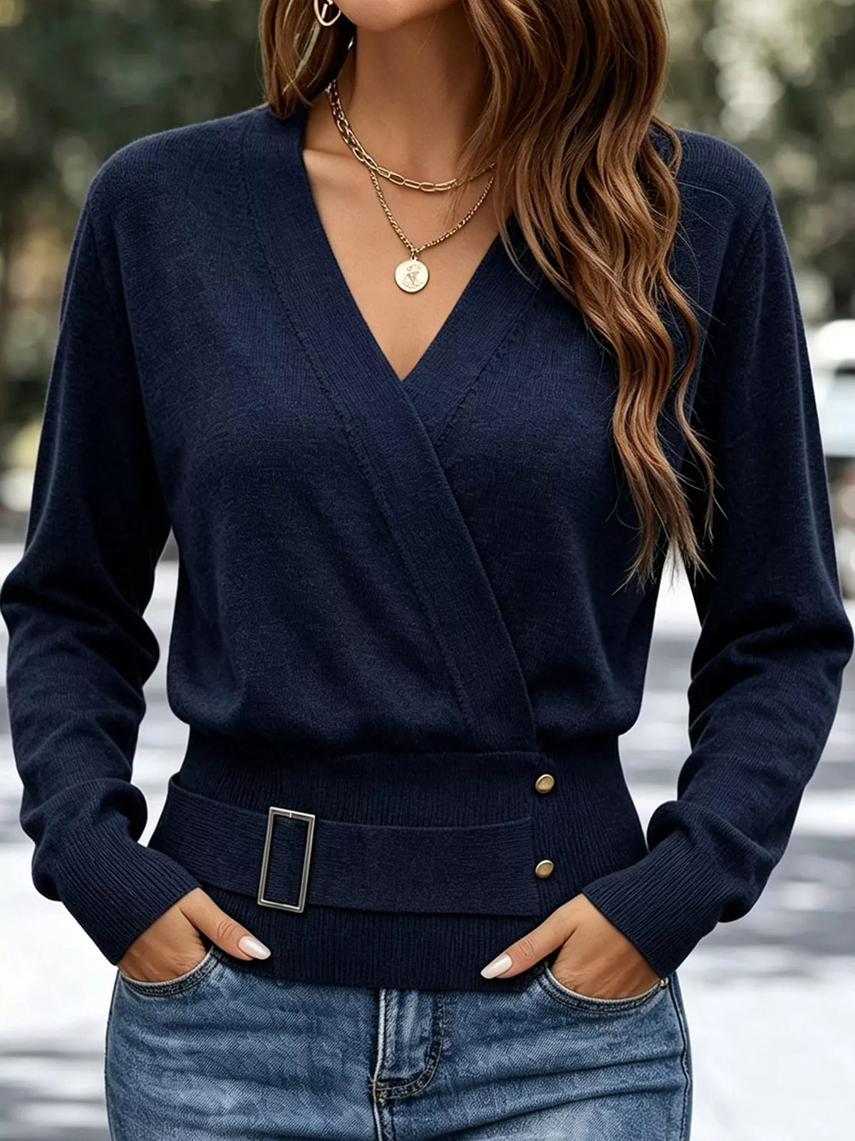 Surplice knit top, navy front