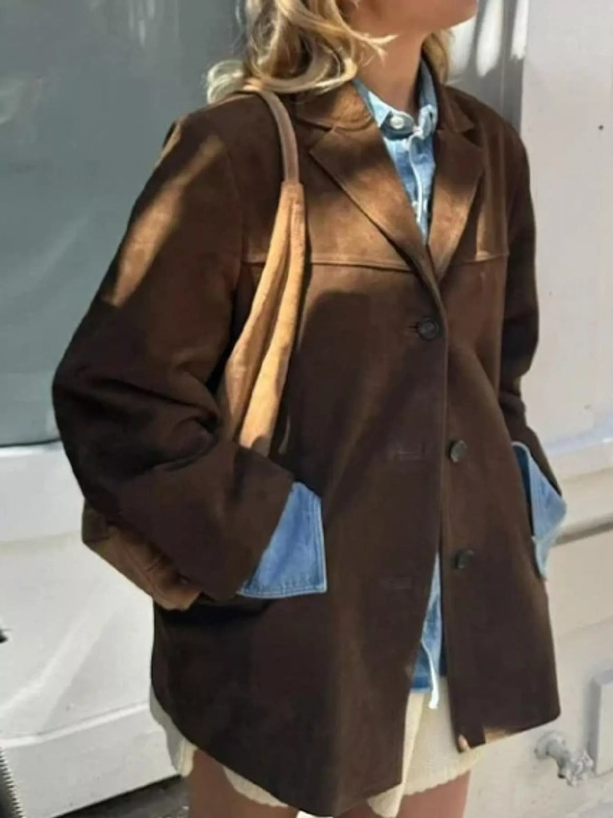 Dark brown lapel blazer, side view