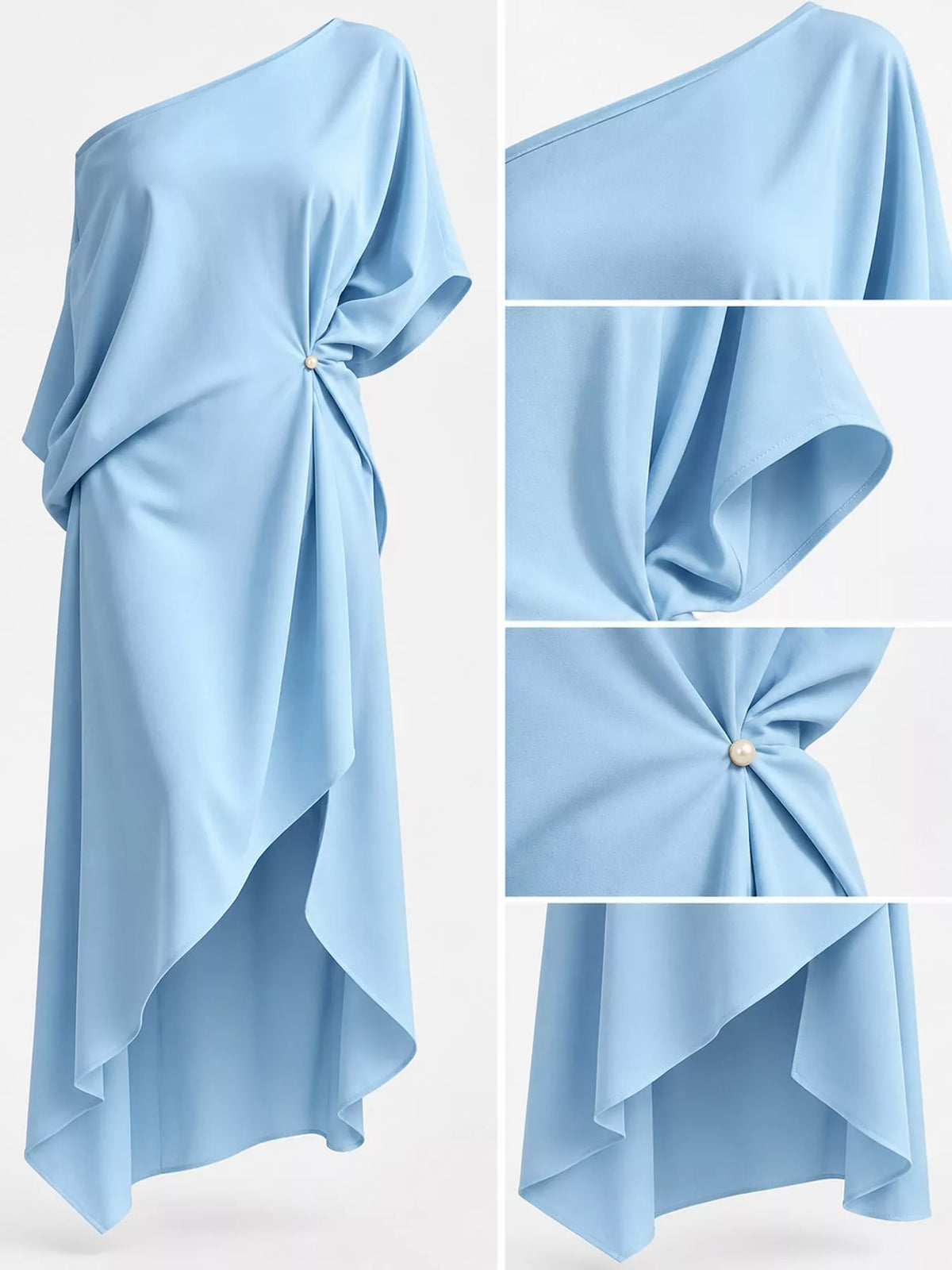 One-shoulder dress, blue detail collage