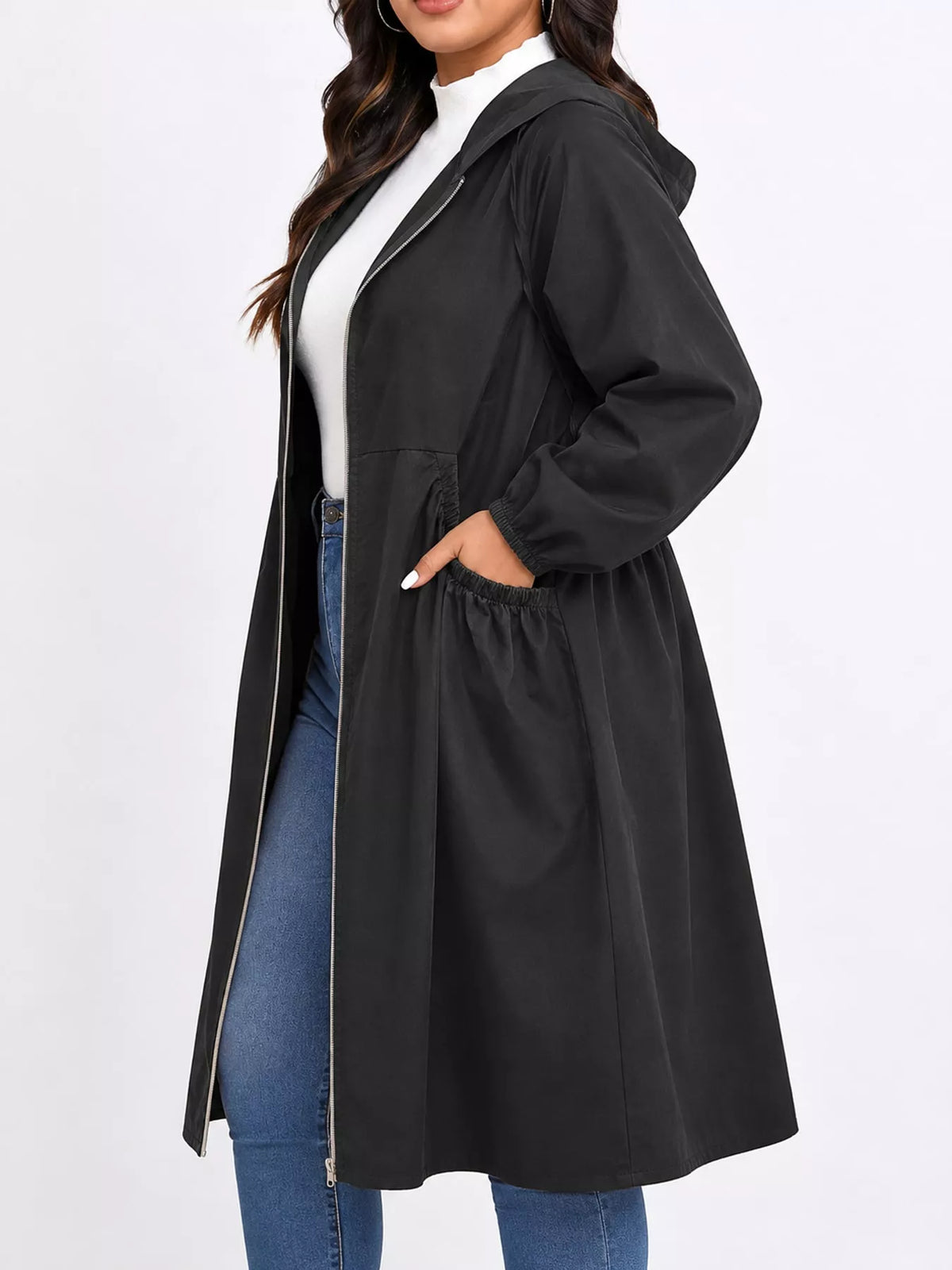 Hooded longline jacket, black side