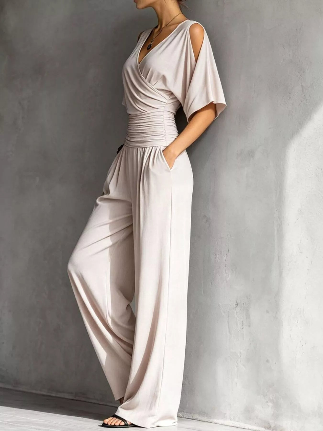 Trendsi Cold Shoulder Ruched Waist Wide-Leg Jumpsuit -