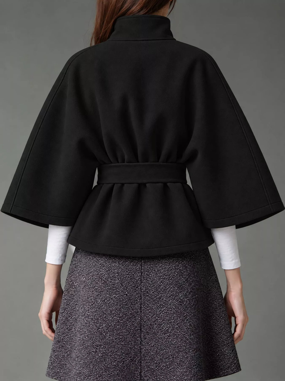 Black belted button-front cape — back view