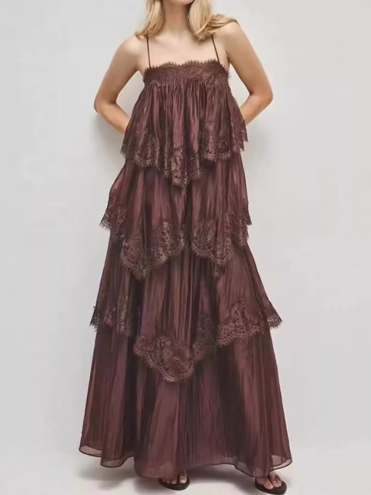 spaghetti-strap maxi dress, front view on model