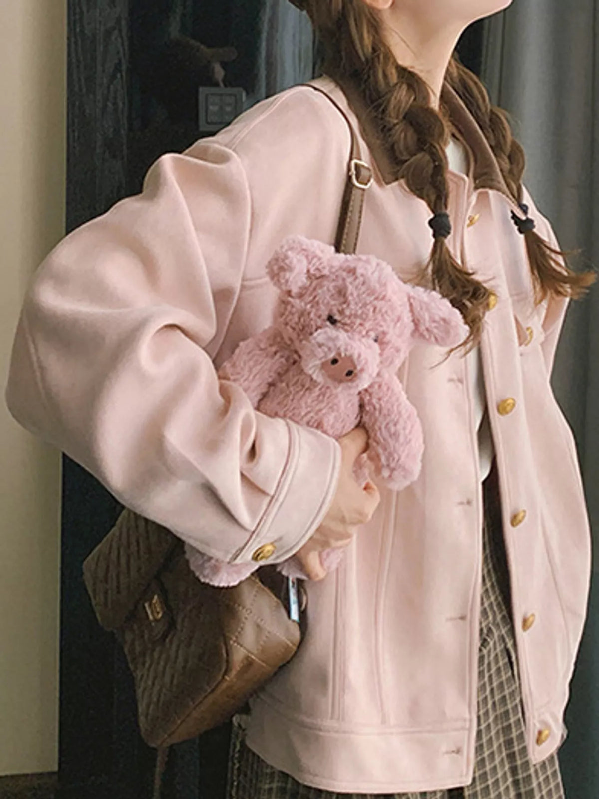 Pink-5496-Lined button up dropped shoulder jacket
