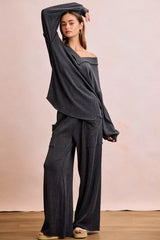 Trendsi BiBi Two Tone Cord Rib Contrast Stitching V-Neck Top and Pants Set -