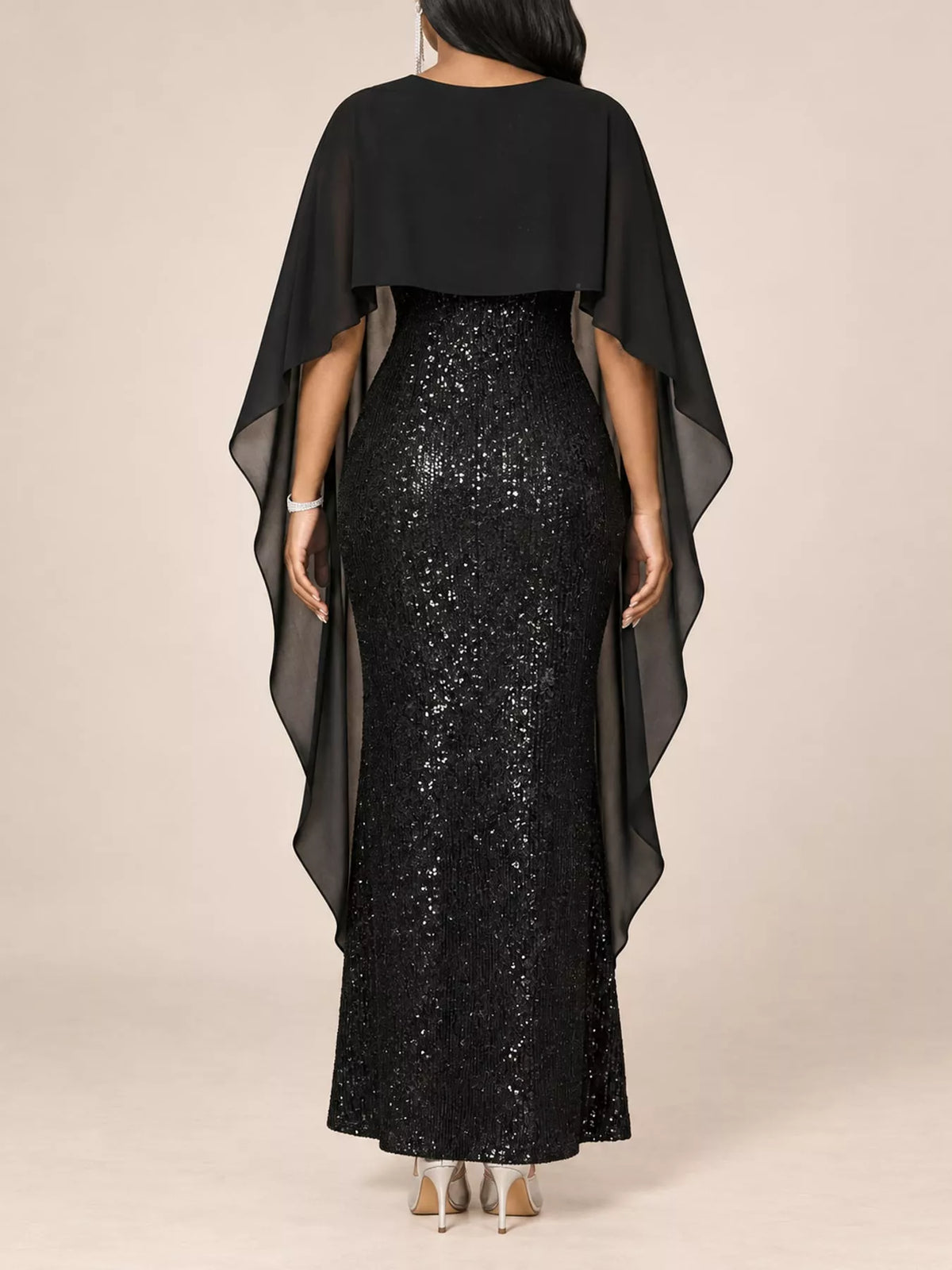 Women's Sequin Cape Overlay Evening Dress in black — back view