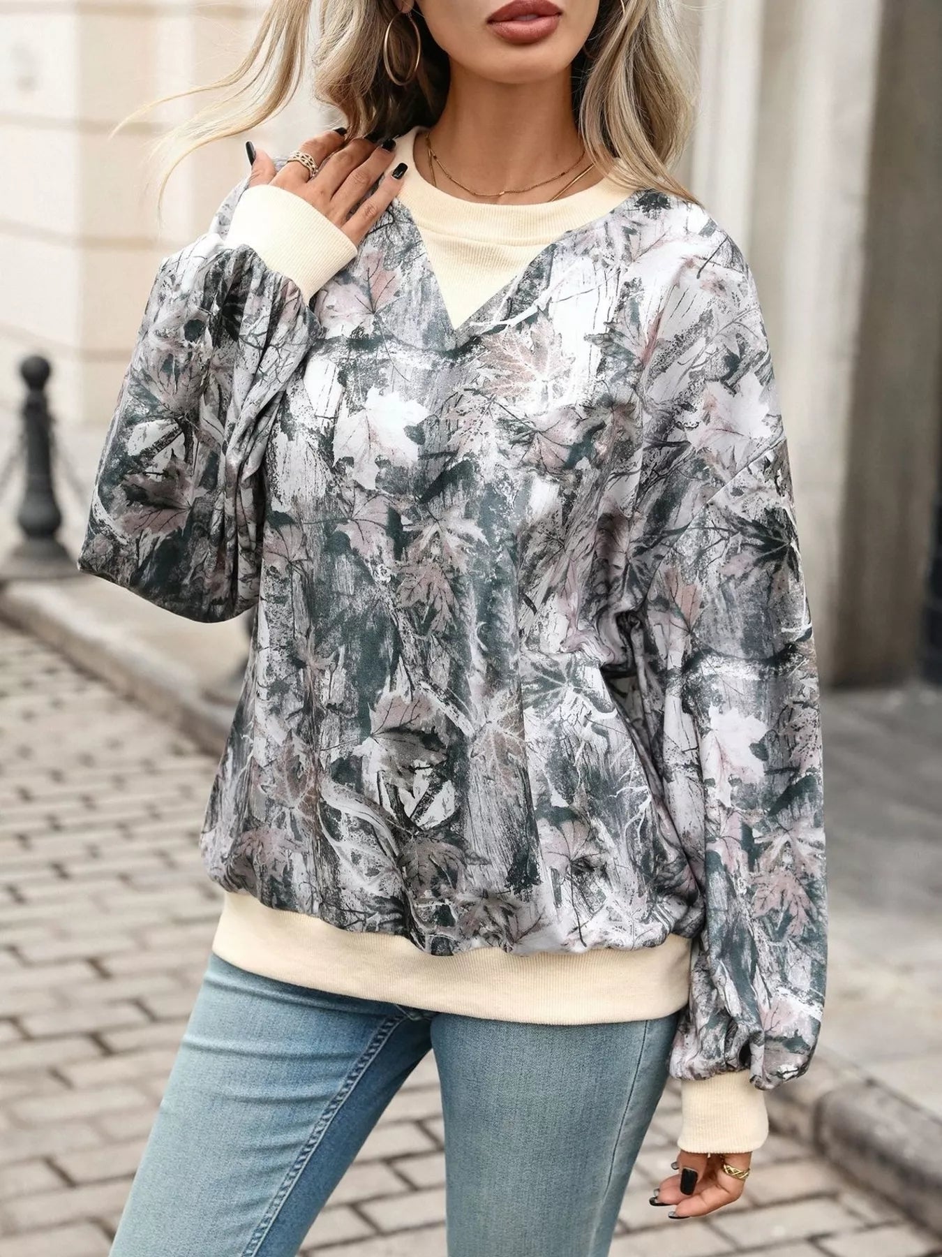 Trendsi Leaf Print Sweatshirt with Contrasting Trim -