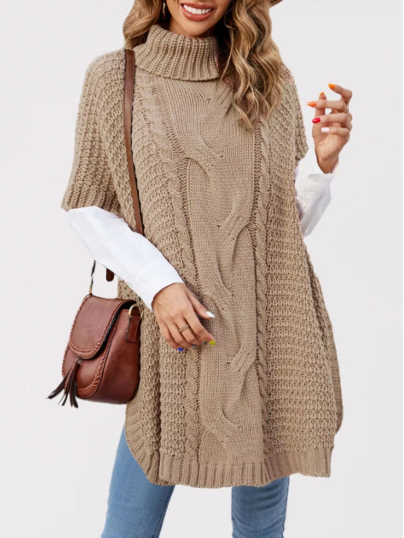 Trendsi Turtleneck Cable-Knit Short Sleeve Oversized Sweater -