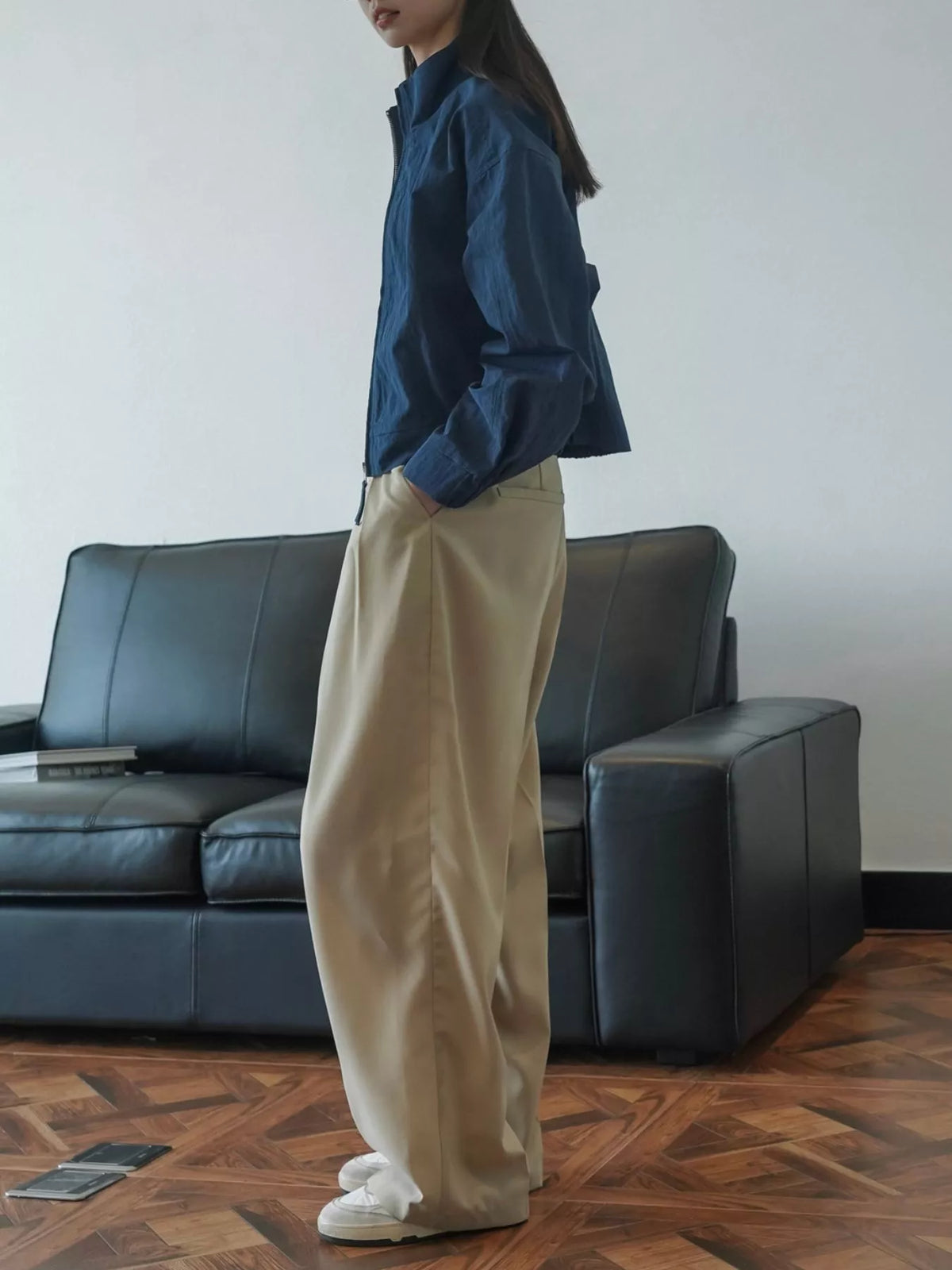 Women's High-Waisted Pleated Wide-Leg Pants in beige — side view