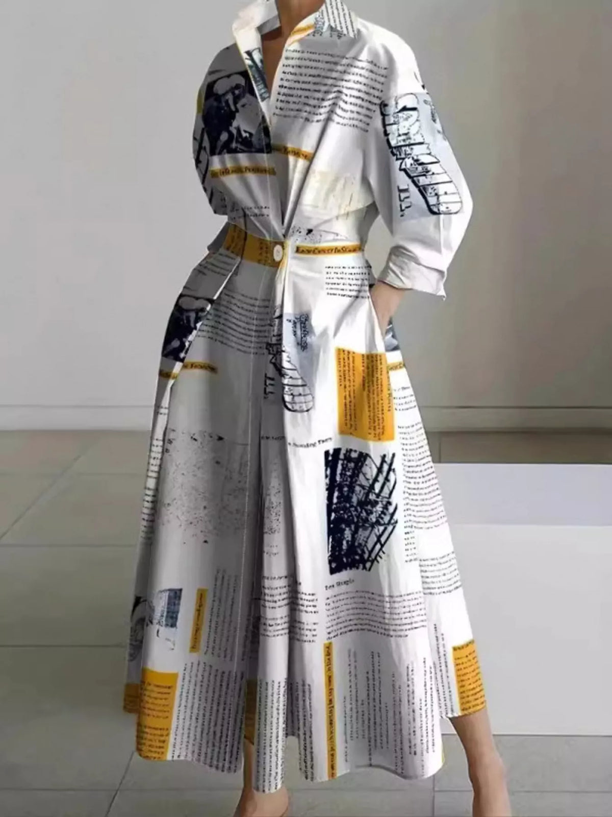 Collared Three-Quarter Sleeve Midi Shirt Dress — front view